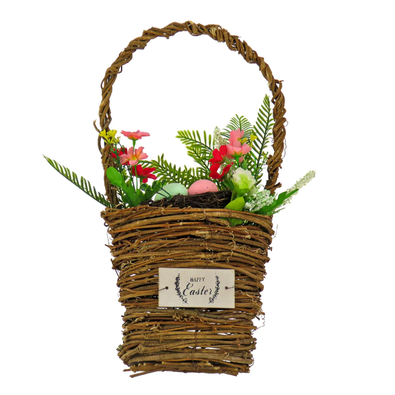 New 15 in. Easter Woven Basket Decorated with Colorful Flower Blooms and Leafy Greens Wreaths