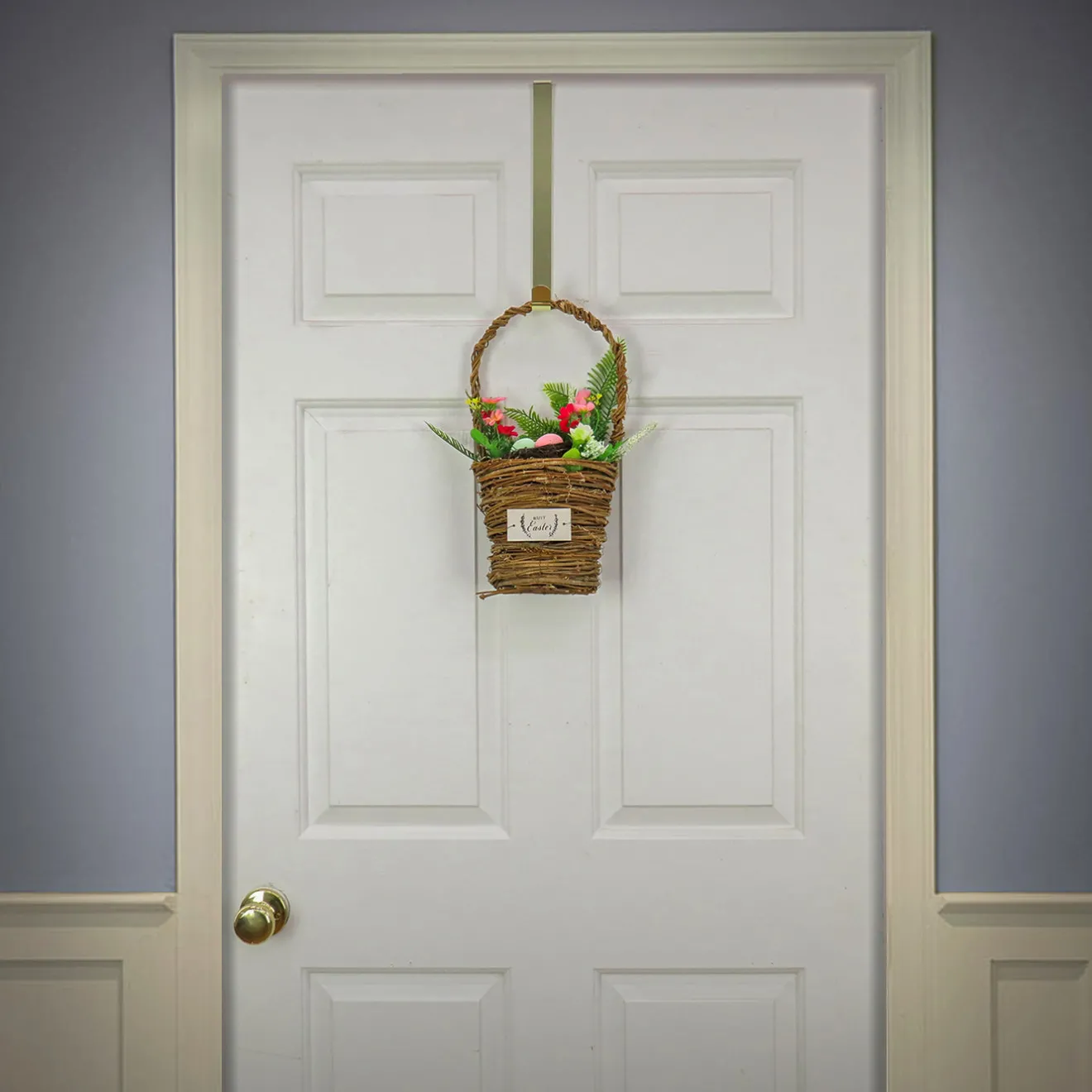 New 15 in. Easter Woven Basket Decorated with Colorful Flower Blooms and Leafy Greens Wreaths