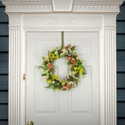 Online 22 in. Easter Wreath Decorated with Colorful Pastel Eggs, Pink and Yellow Flowers, Ferns, Leafy Greens Wreaths