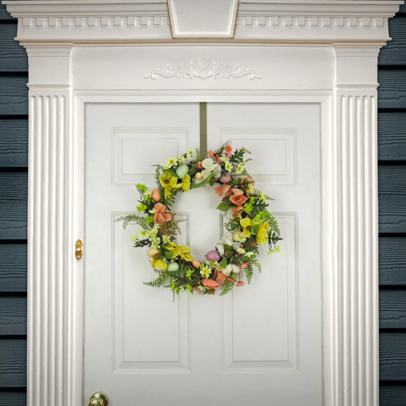 Online 22 in. Easter Wreath Decorated with Colorful Pastel Eggs, Pink and Yellow Flowers, Ferns, Leafy Greens Wreaths