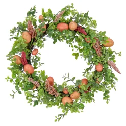 New 22 in. Easter Wreath Decorated with Pink Pastel Eggs, Pink Flowers, Leafy Greens Wreaths