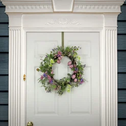 22 in. Easter Wreath Decorated with Purple Pastel Eggs, Pink Flowers, Leafy Greens Wreaths
