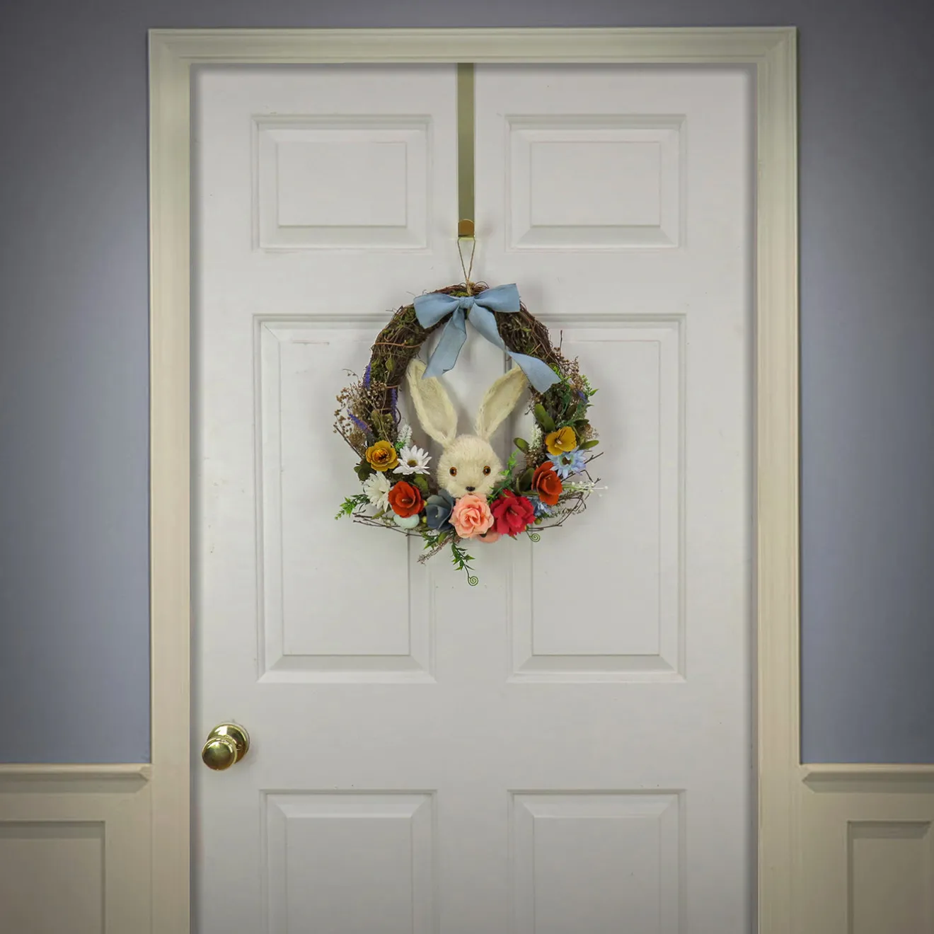 Best 16 in. Easter Wreath Decorated with Multicolor Flower Blooms, Leafy Greens, Bunny Head Wreaths