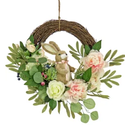 Clearance 18 in. Easter Wreath Decorated with Pastel Flower Blooms, Bunny, Leafy Greens Wreaths