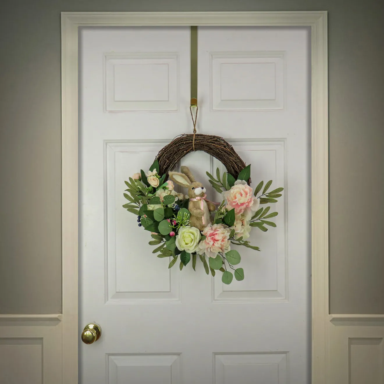 Clearance 18 in. Easter Wreath Decorated with Pastel Flower Blooms, Bunny, Leafy Greens Wreaths