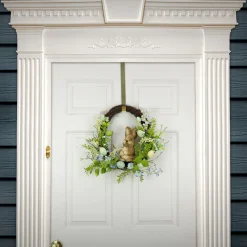 New 16 in. Easter Wreath Decorated with Wooden Bunny, Blue Flower Blooms, Pastel Eggs, Berries Wreaths