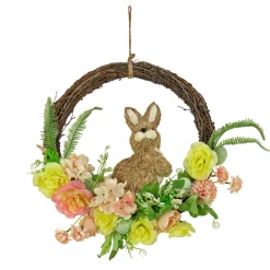 Sale 16 in. Easter Wreath Decorated with Pastel Flower Blooms, Bunny, Leafy Greens Wreaths