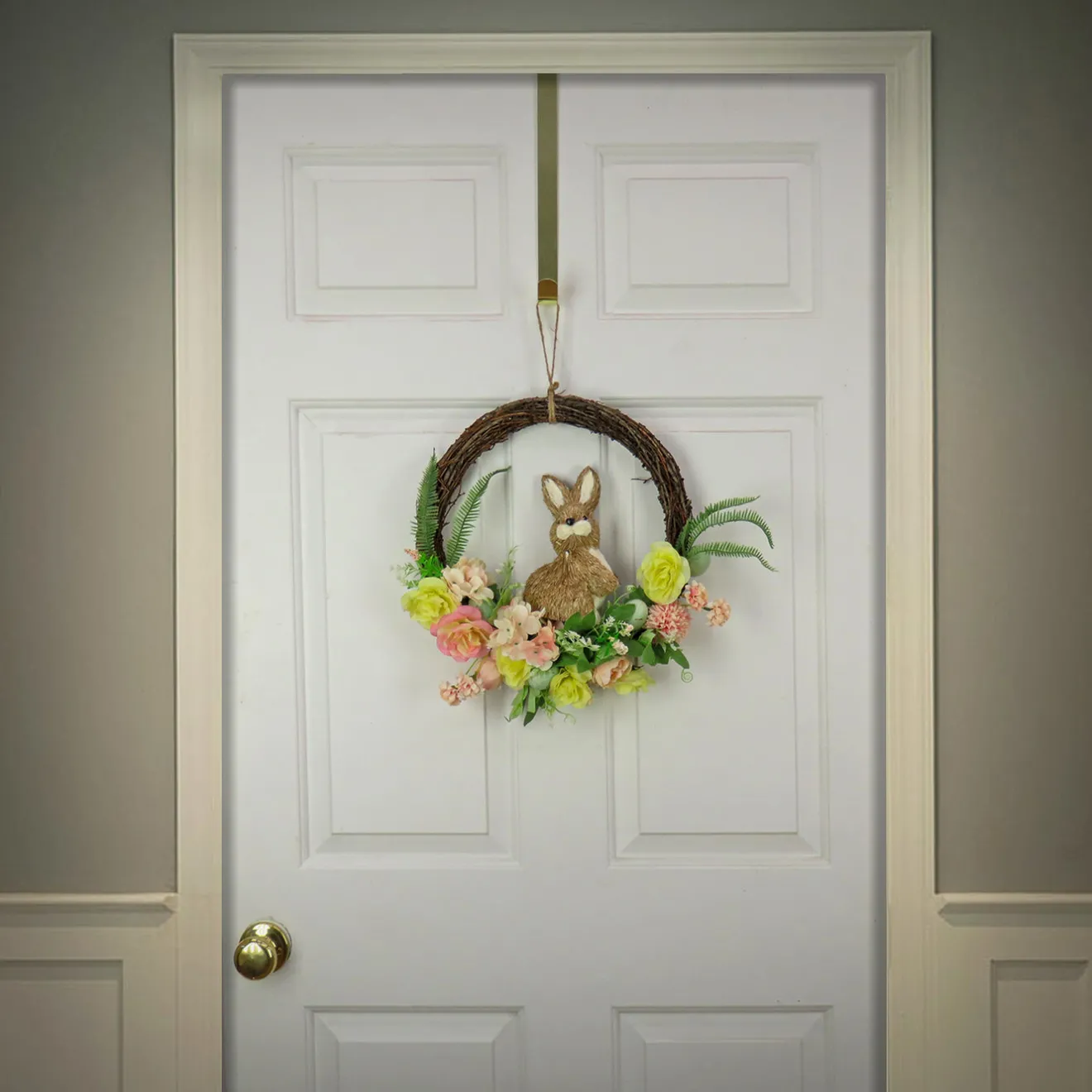 Sale 16 in. Easter Wreath Decorated with Pastel Flower Blooms, Bunny, Leafy Greens Wreaths