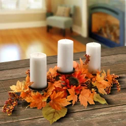 Sale 24 in. Fall Centerpiece, Three Candle Holders, Decorated with Sunflower Blooms, Pinecones, Berry Clusters Fall Decorations