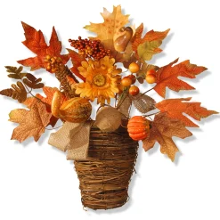 New 16 in. Fall Flowers in Wicker Basket with Pumpkins, Gourds, Berry Clusters, Burlap, Maple Leaves Fall Decorations