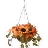 Sale 18 in. Fall Hanging Basket with Ivy Leaves, Sunflowers, Cones, Berries, Gourds, Pumpkin Fall Decorations