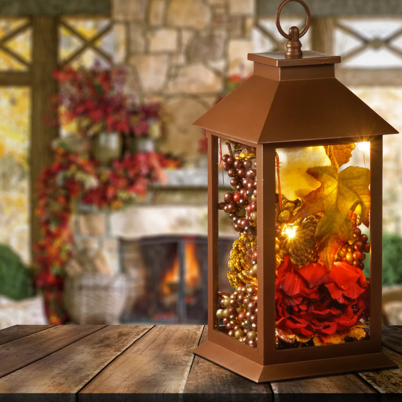 12 in. Fall Lantern with LED Lights, Filled with Pumpkins, Leaves, Flowers, Berry Clusters Fall Decorations