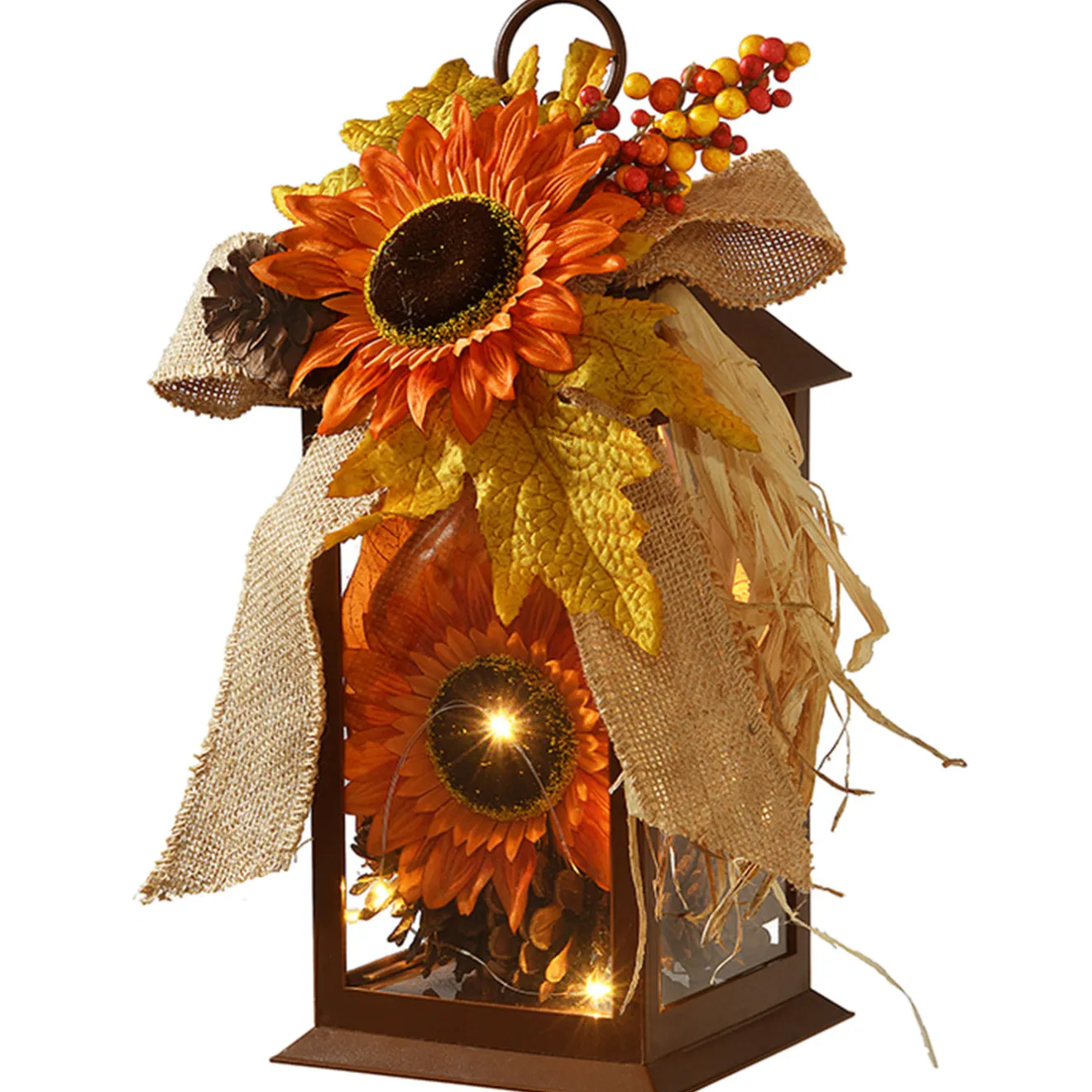 Clearance 12 in. Fall Lantern with LED Lights, Filled with Sunflower Blooms, Leaves, Pinecones, Berry Clusters Fall Decorations