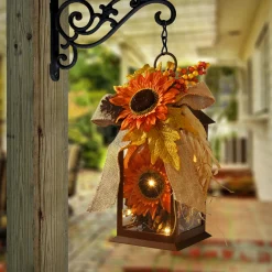 Clearance 12 in. Fall Lantern with LED Lights, Filled with Sunflower Blooms, Leaves, Pinecones, Berry Clusters Fall Decorations