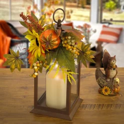Sale 14 in. Fall Lantern with Sunflower, Mixed Leaves, Berry, Pumpkin Fall Decorations