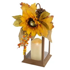 Discount 14 in. Fall Lantern with Sunflower, Mixed Leaves, Pinecone and Bow Fall Decorations