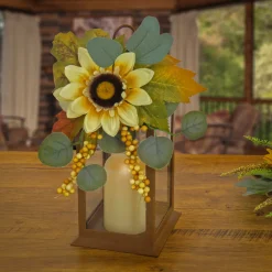 Sale 13 in. Fall Lantern with Sunflower, Maple Leaves, Eucalyptus, Berry Fall Decorations