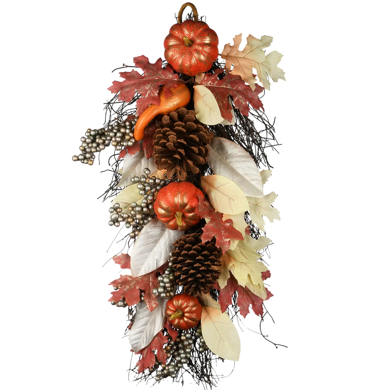 Best 24 in. Fall Teardrop Wall Decoration with Pumpkins, Pine Cones, Berry Clusters, Maple Leaves Fall Decorations