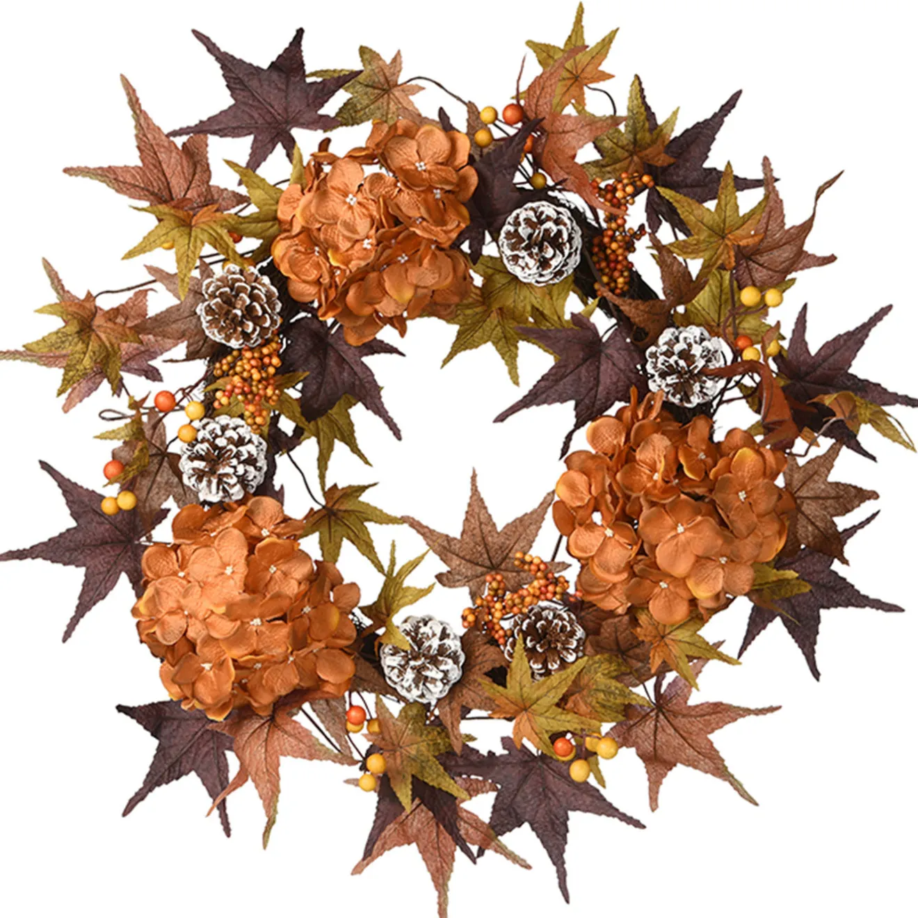 Clearance 24 in. Fall Wreath with Hydrangeas, Maple Leaves, Pinecones, Berry Clusters Wreaths