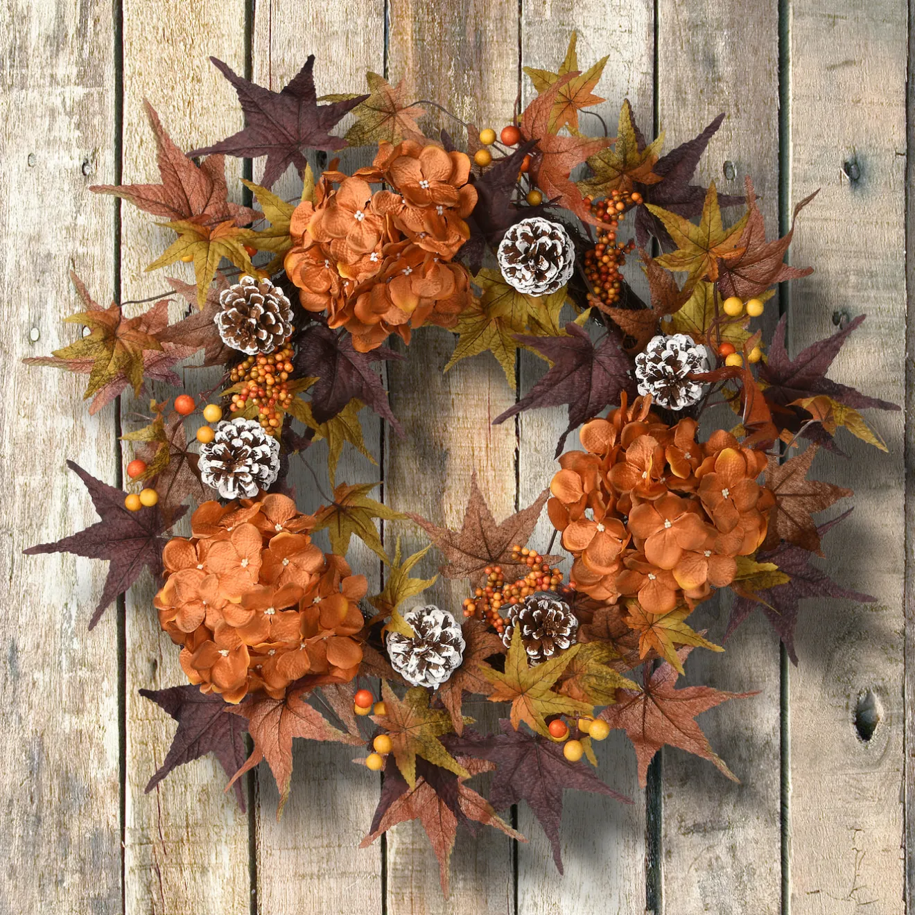 Clearance 24 in. Fall Wreath with Hydrangeas, Maple Leaves, Pinecones, Berry Clusters Wreaths