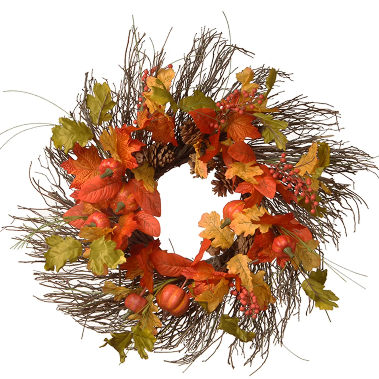 26 in. Fall Wreath with Pumpkins, Pinecones, Berry Clusters, Assorted Leaves Wreaths