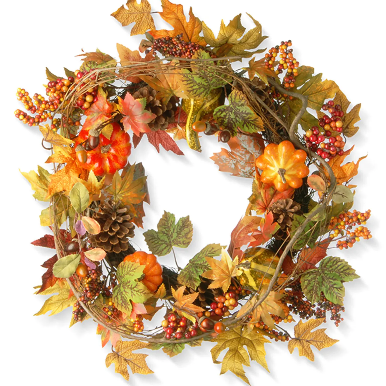 Online 24 in. Fall Wreath with Pumpkins, Pinecones, Berry Clusters, Maple Leaves Wreaths