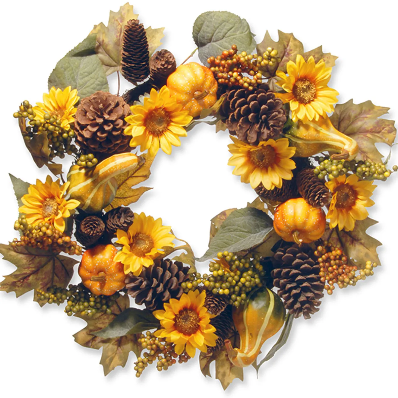 Outlet 22 in. Fall Wreath with Pumpkins, Gourds, Pinecones, Sunflowers, Berry Clusters, Assorted Leaves Wreaths