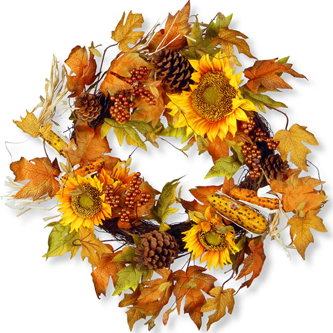 Clearance 24 in. Fall Wreath with Sunflowers, Pinecones, Berry Clusters, Corncobs, Maple Leaves Wreaths