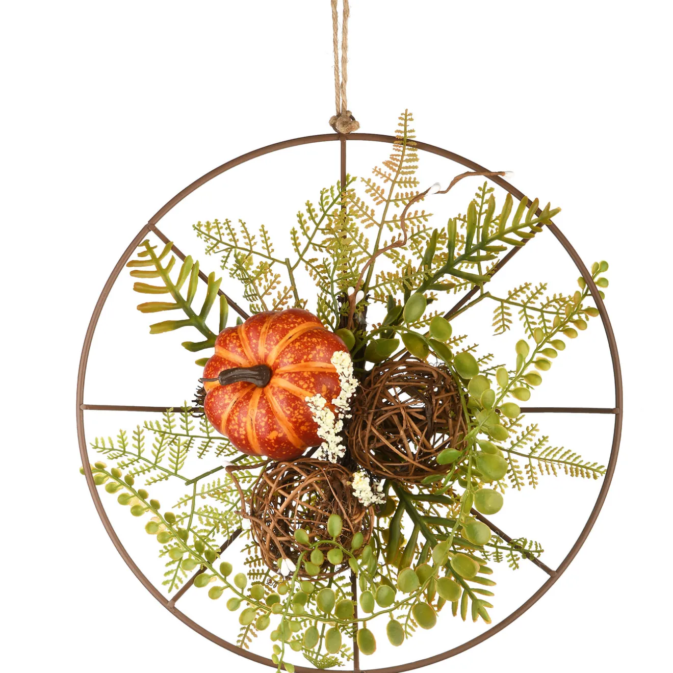 Sale 13 in. Flower Circle Hanging Fall Decoration with Fern Fronds, Leaves, Pumpkins, Twig Cones Fall Decorations