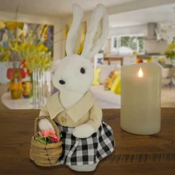 Discount 12 in. Fluffy Female Bunny Holding Flower Basket Table Decoration Table Decorations