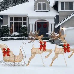 Hot 42 in. Glittered Mesh Fabric Deer with 27 in. Sleigh and Lights Yard Decorations