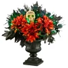 Online 20 in. Halloween Boo-tiful Urn with Orange Florals and White Skull, LED Lights Indoor Decorations