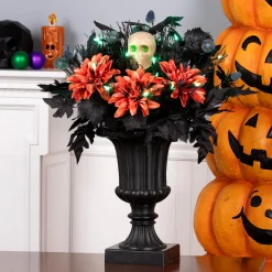 Online 20 in. Halloween Boo-tiful Urn with Orange Florals and White Skull, LED Lights Indoor Decorations