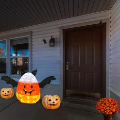Online 27 in. Halloween Candy Corn Bat Outdoor Lawn Decoration with LED Lights Outdoor Decorations
