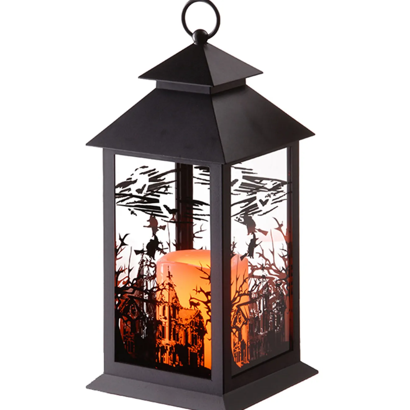 Hot 12 in. Halloween Carved Images of Witches Haunted House Lantern with LED Lights Indoor Decorations