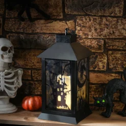 16 in. Halloween Carved Images of Witches and Cobwebs Lantern with LED Lights Indoor Decorations