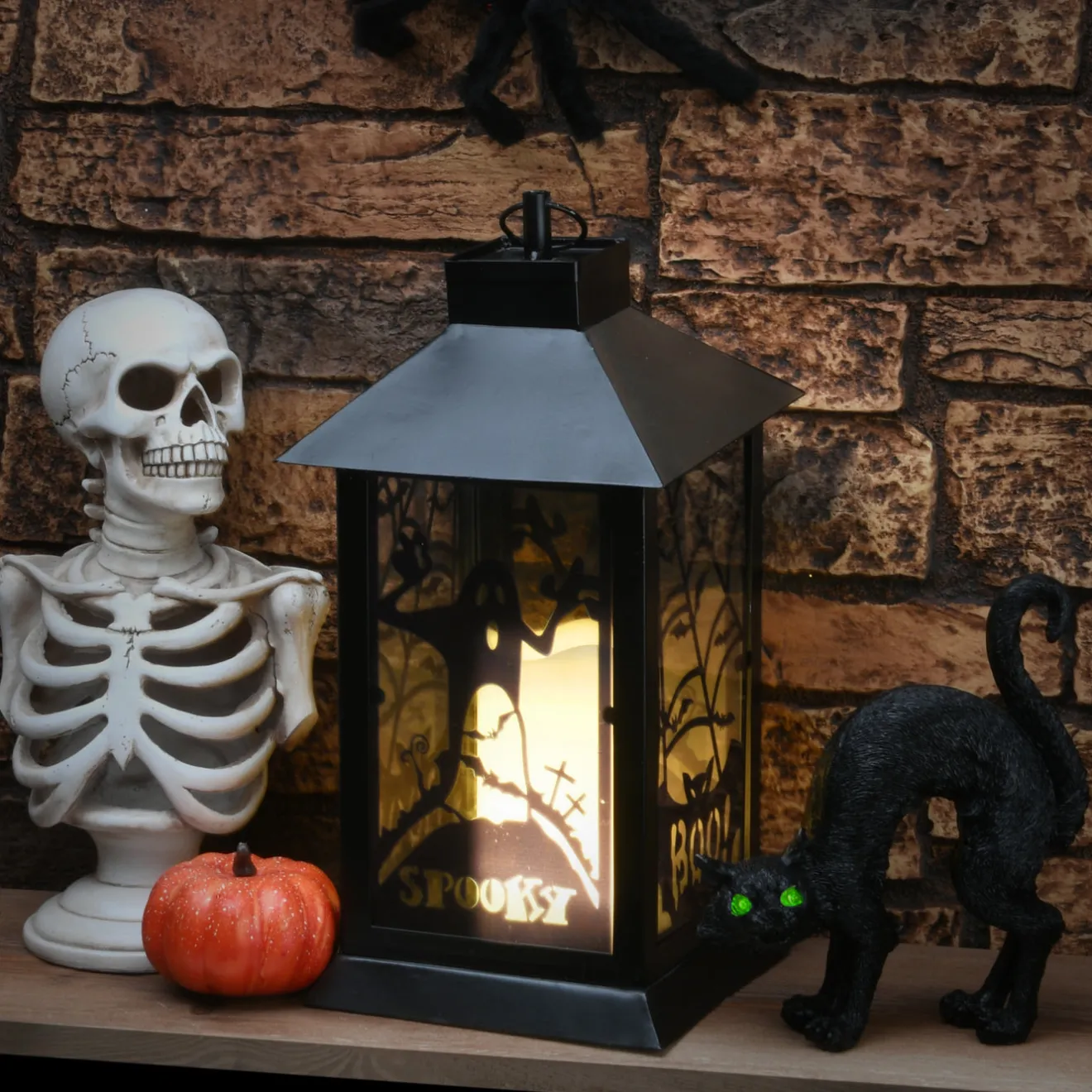 16 in. Halloween Carved Images of Ghosts and Cobwebs Lantern with LED Lights Indoor Decorations