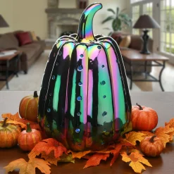 Online 14 in. Halloween Ceramic Iridescent Purple Pumpkin with Multi Color Lights Indoor Decorations