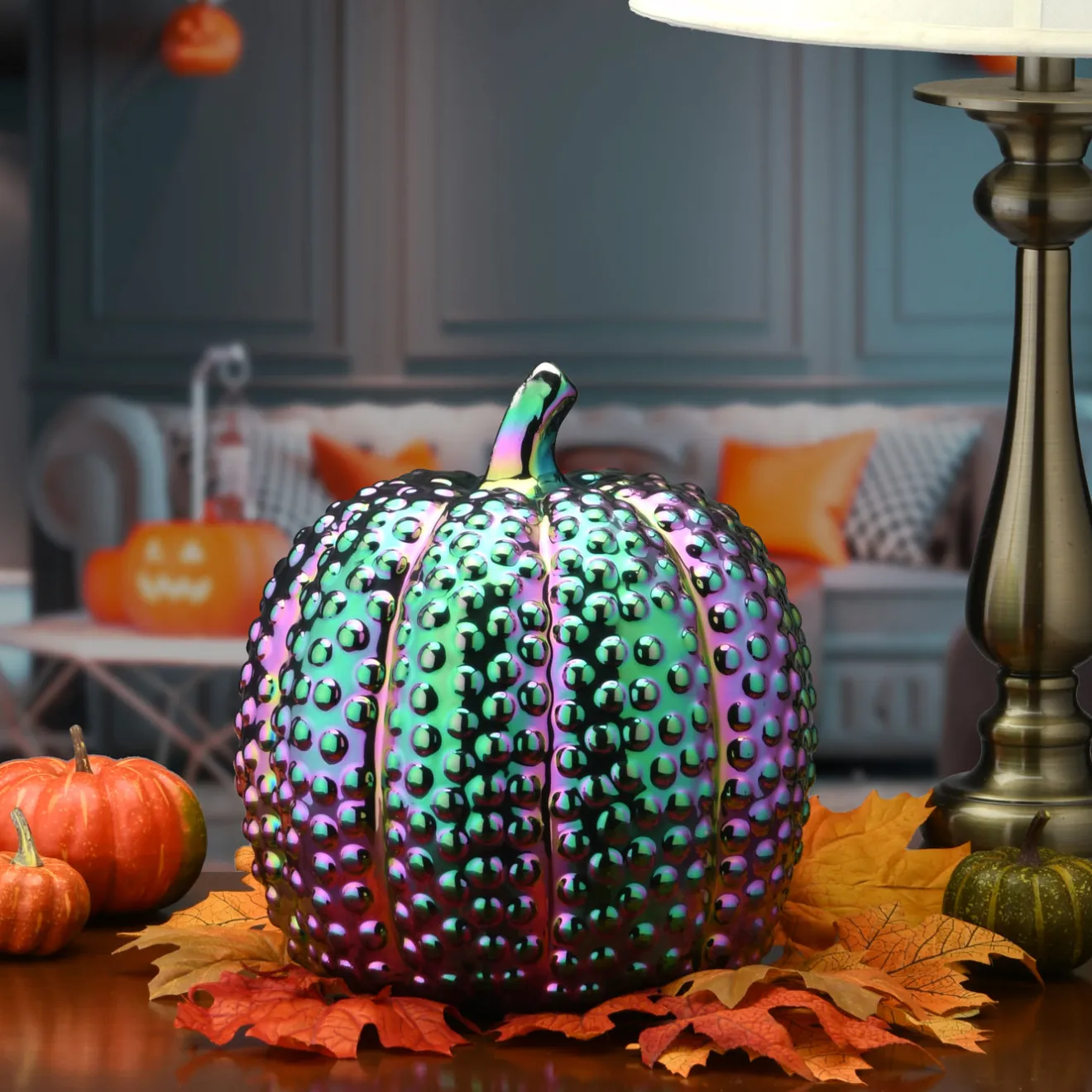 New 10 in. Halloween Ceramic Iridescent Purple Pumpkin Decoration Indoor Decorations