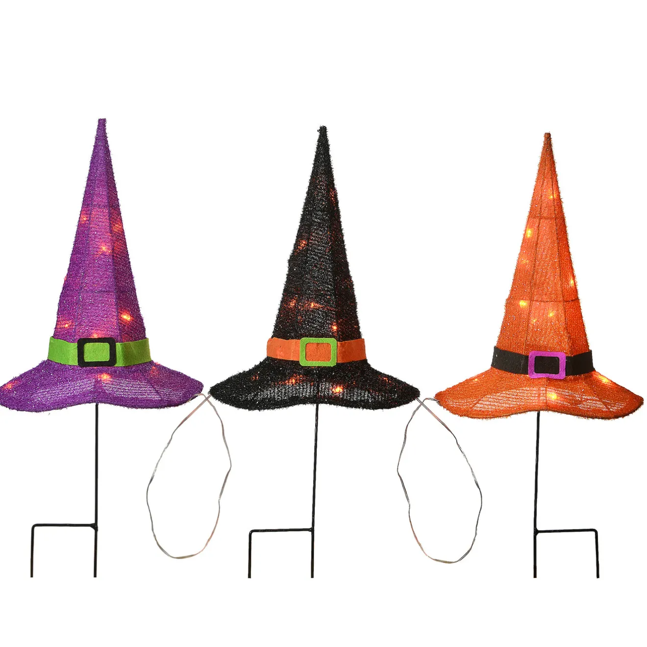 Hot 23 in. Halloween Orange,Black and Purple Witchs Hat Garden Stakes with LED Lights Outdoor Decorations