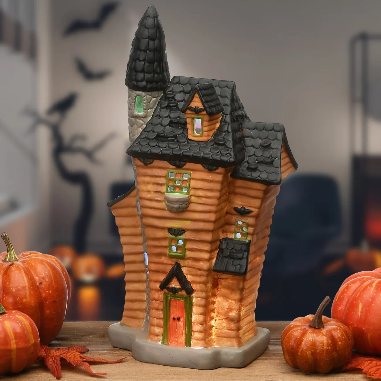 12 in. Halloween Pre-Lit Black Haunted House Decoration with LED Lights Indoor Decorations