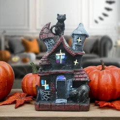Discount 7 in. Halloween Pre-Lit Black Haunted House Decoration with LED Lights Indoor Decorations