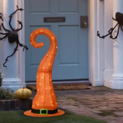 New 34 in. Halloween Pre-Lit Orange Witchs Hat Outdoor Decoration with LED Lights Outdoor Decorations
