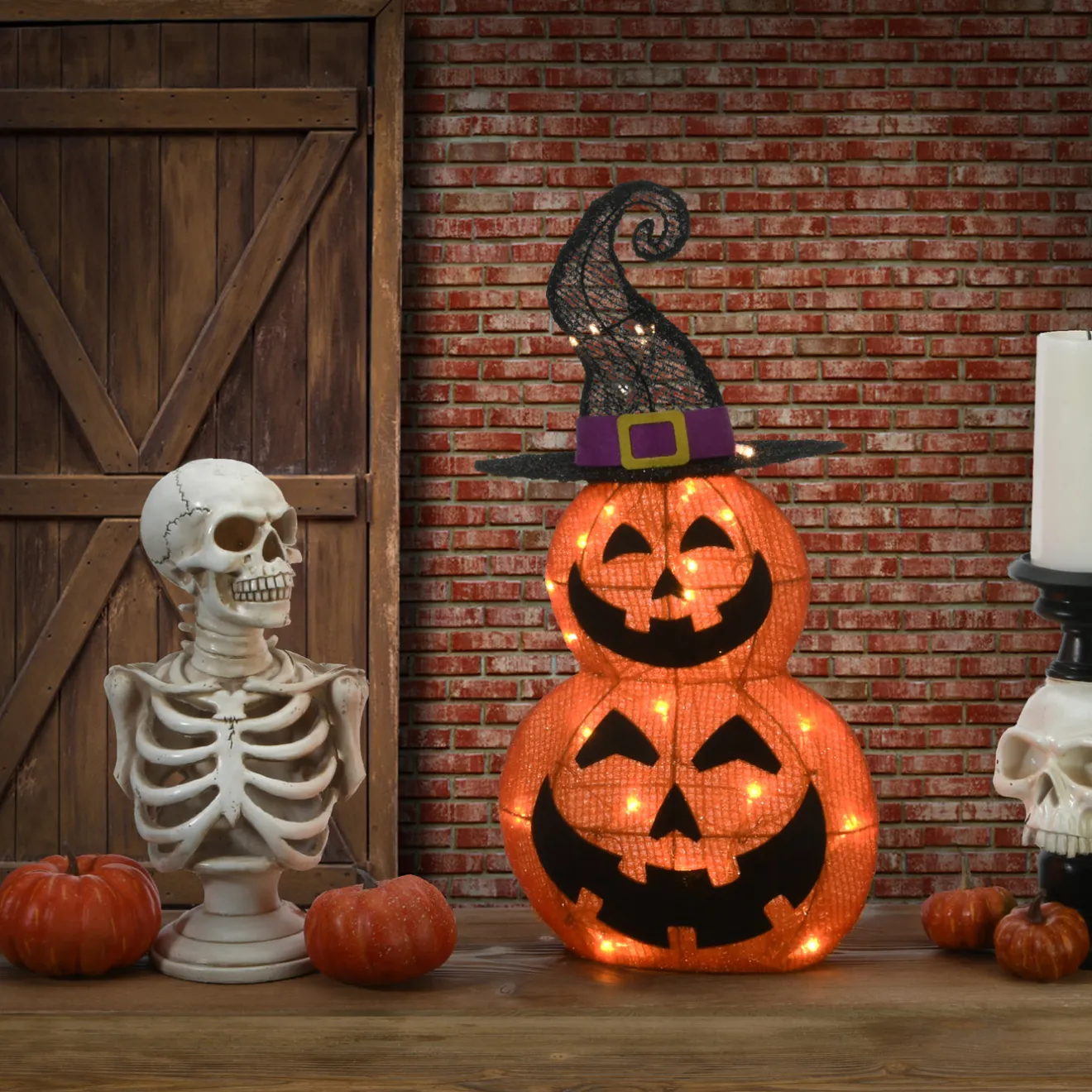 New 19 in. Halloween Pre-Lit Stacked Pumpkins in Witchs Hat Outdoor Decoration with LED Lights Outdoor Decorations