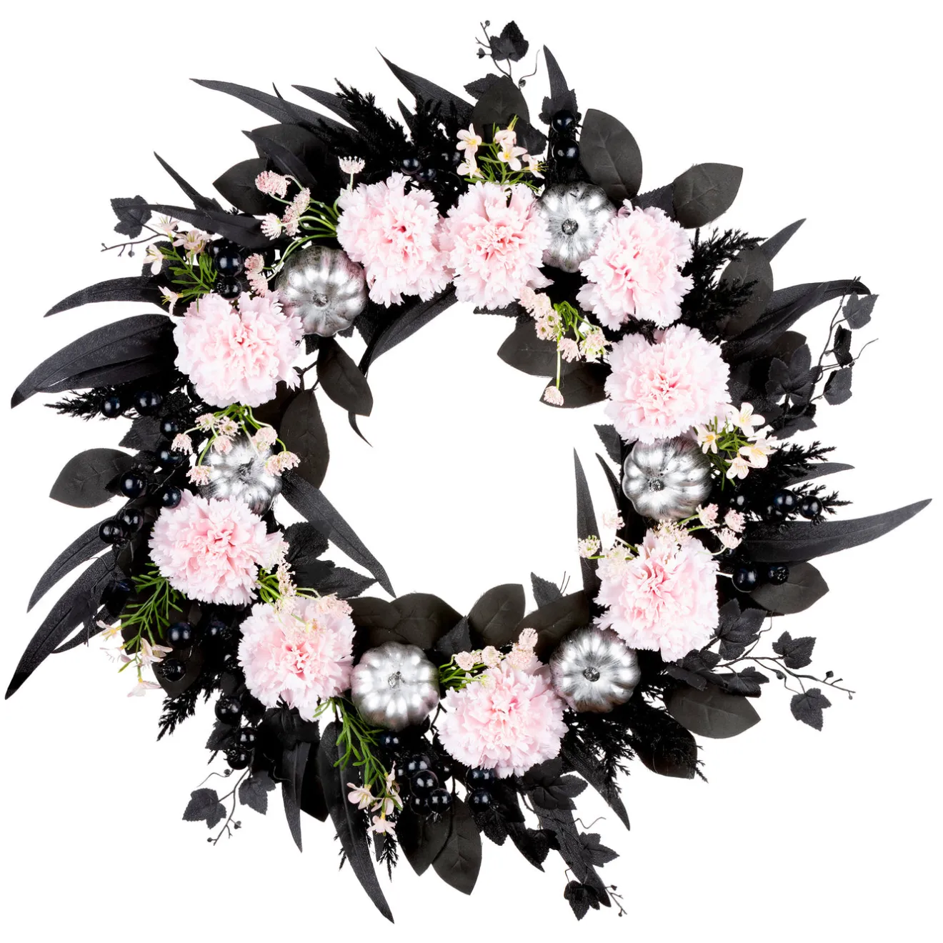 Outlet 26 in. Halloween Pretty Morbid Pink Carnation Wreath with Silver Pumpkins Wreaths
