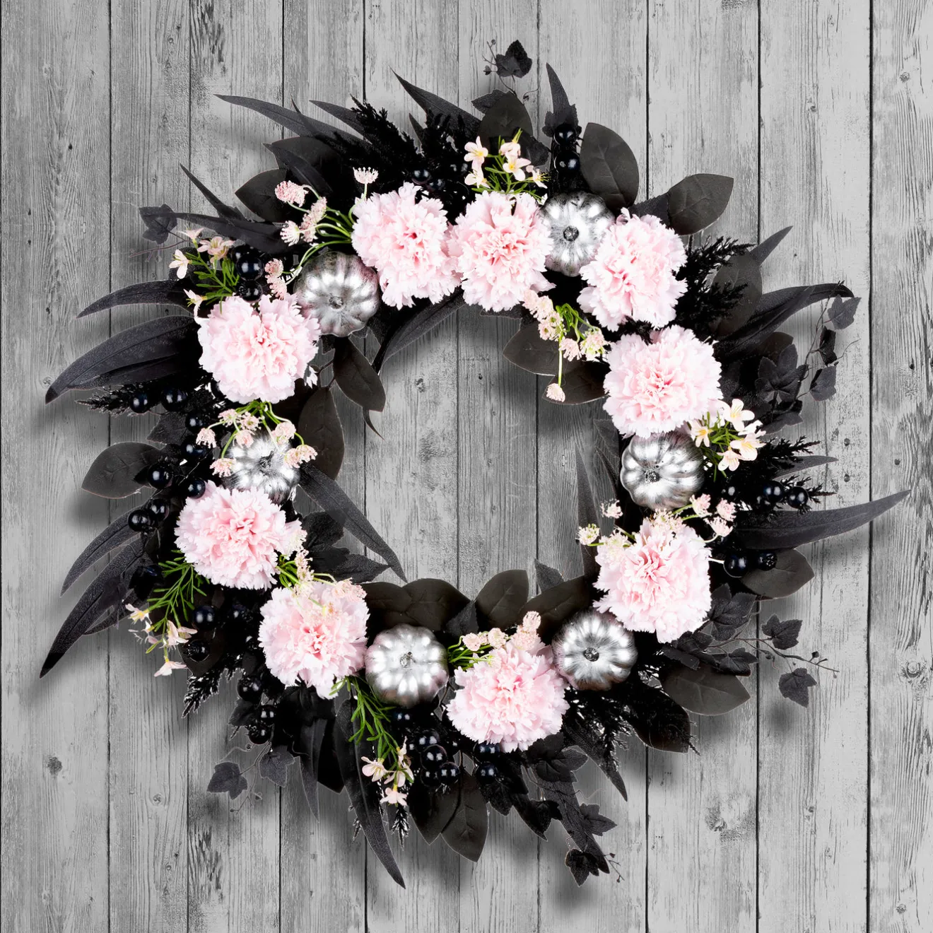 Outlet 26 in. Halloween Pretty Morbid Pink Carnation Wreath with Silver Pumpkins Wreaths