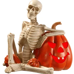Sale 9 in. Halloween Skeleton and Jack O Lantern Decoration with LED Lights Outdoor Decorations