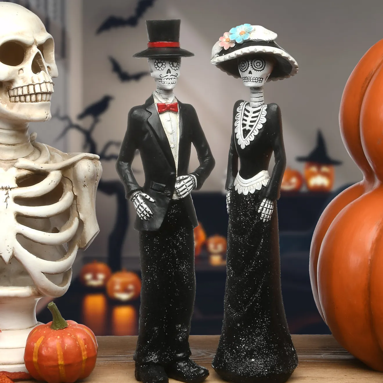 New 13 in. Halloween Skeleton Couple in Formal Attire Decoration Indoor Decorations