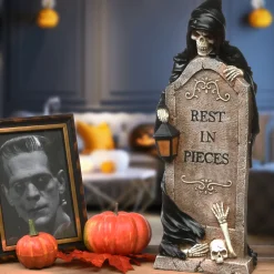 16 in. Halloween Skeleton Grim Reaper Standing with a Gravestone Decoration Indoor Decorations