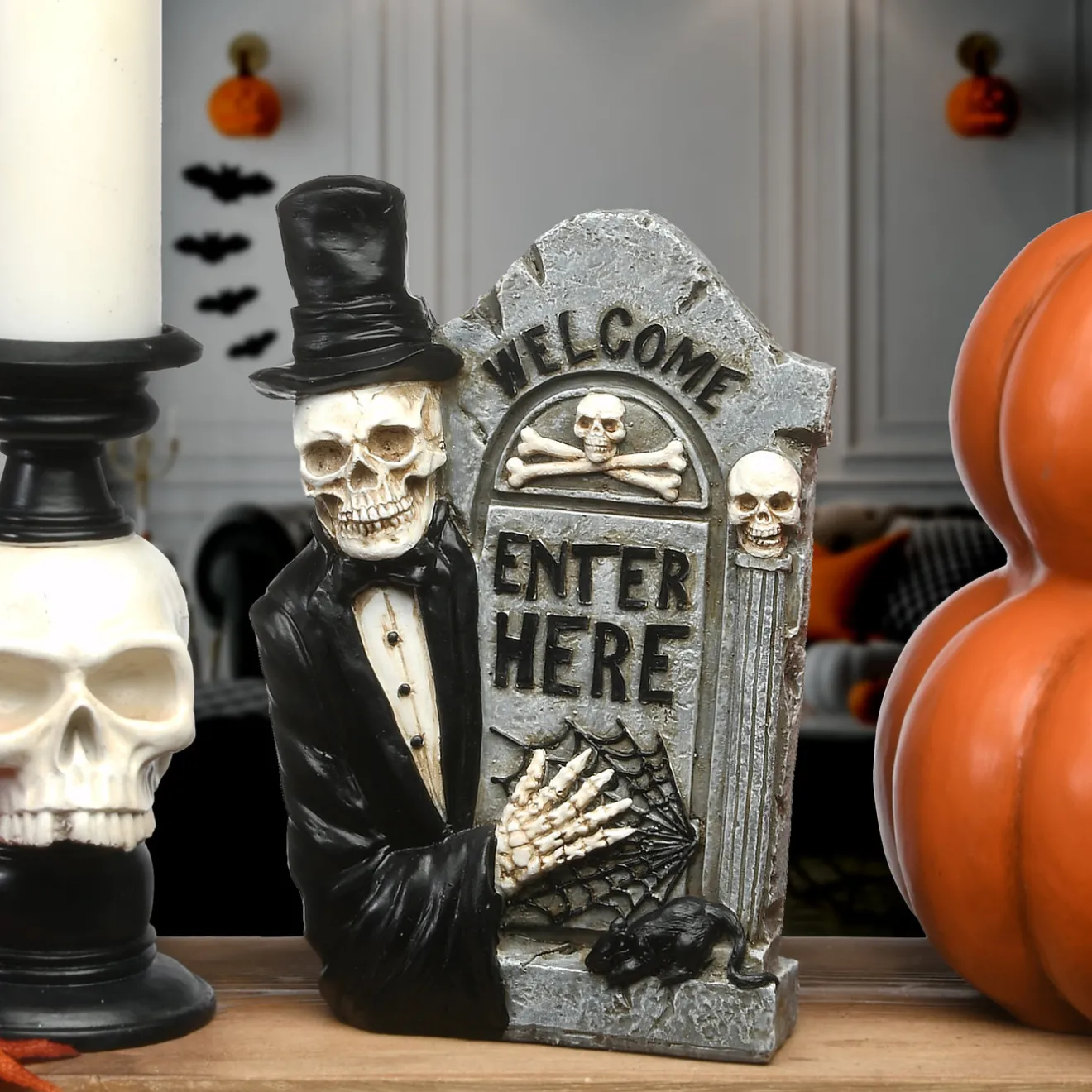 Online 12 in. Halloween Skeleton Holding a Tombstone Decoration Indoor Decorations